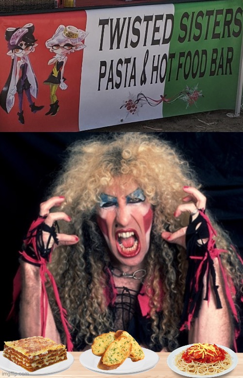 Twisted Sister’s pasta and hot food bar | image tagged in twisted sisters,twisted sister,italian,italian food,food,memes | made w/ Imgflip meme maker