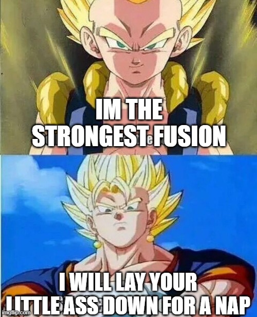 meme | IM THE STRONGEST FUSION; I WILL LAY YOUR LITTLE ASS DOWN FOR A NAP | image tagged in meme | made w/ Imgflip meme maker