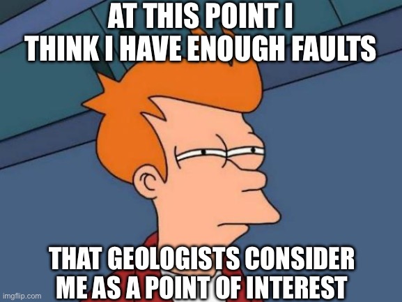 real | AT THIS POINT I THINK I HAVE ENOUGH FAULTS; THAT GEOLOGISTS CONSIDER ME AS A POINT OF INTEREST | image tagged in memes,futurama fry,me irl,old school meme | made w/ Imgflip meme maker