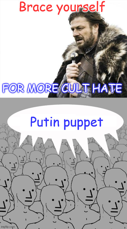 Putin puppet Brace yourself FOR MORE CULT HATE | image tagged in memes,brace yourselves x is coming,npc | made w/ Imgflip meme maker