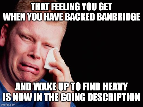 cry | THAT FEELING YOU GET WHEN YOU HAVE BACKED BANBRIDGE; AND WAKE UP TO FIND HEAVY IS NOW IN THE GOING DESCRIPTION | image tagged in cry | made w/ Imgflip meme maker