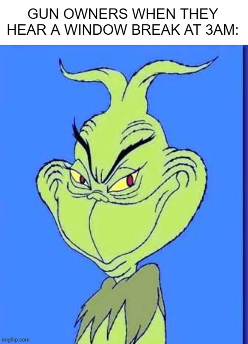 Good Grinch | GUN OWNERS WHEN THEY HEAR A WINDOW BREAK AT 3AM: | image tagged in good grinch | made w/ Imgflip meme maker