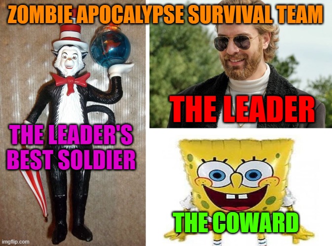 ZOMBIE APOCALYPSE SURVIVAL TEAM; THE LEADER; THE LEADER'S BEST SOLDIER; THE COWARD | made w/ Imgflip meme maker