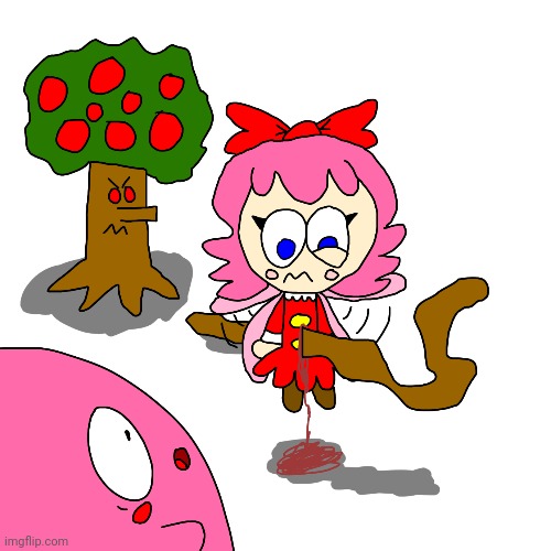 Whispy Woods pierced through Ribbon with his roots | image tagged in kirby,parody,fanart,funny,cute,gore | made w/ Imgflip meme maker