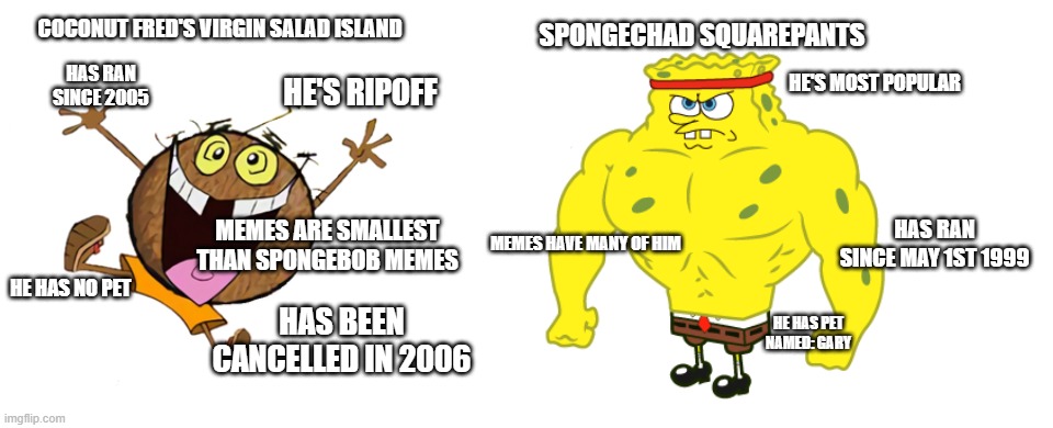 coconut fred vs spongebob | SPONGECHAD SQUAREPANTS; COCONUT FRED'S VIRGIN SALAD ISLAND; HAS RAN
SINCE 2005; HE'S MOST POPULAR; HE'S RIPOFF; MEMES ARE SMALLEST
THAN SPONGEBOB MEMES; HAS RAN
SINCE MAY 1ST 1999; MEMES HAVE MANY OF HIM; HE HAS NO PET; HAS BEEN CANCELLED IN 2006; HE HAS PET
NAMED: GARY | image tagged in virgin vs chad | made w/ Imgflip meme maker