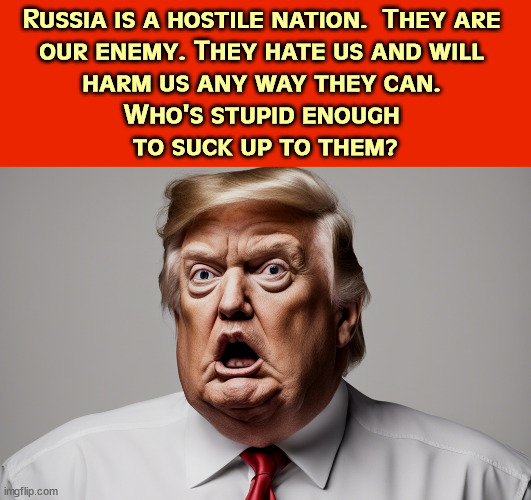 Russia is a hostile nation.  They are 
our enemy. They hate us and will 
harm us any way they can. 
Who's stupid enough 
to suck up to them? | image tagged in russia,hostile,enemy,hate,harm,trump | made w/ Imgflip meme maker