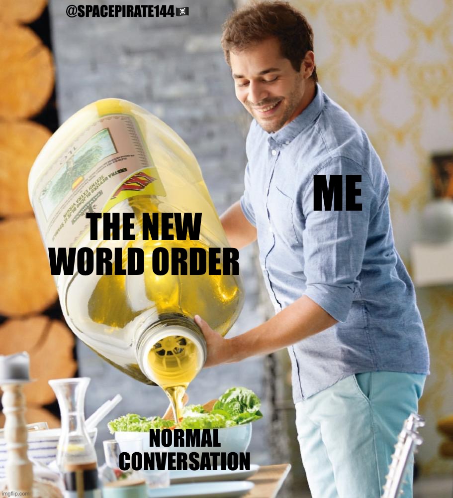 The New World Order | @SPACEPIRATE144🏴‍☠️; ME; THE NEW WORLD ORDER; NORMAL CONVERSATION | image tagged in new world order,nwo,the new world order | made w/ Imgflip meme maker