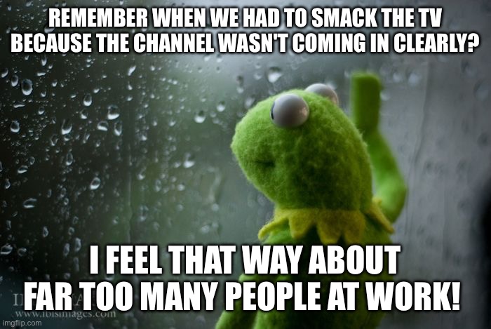 kermit window | REMEMBER WHEN WE HAD TO SMACK THE TV BECAUSE THE CHANNEL WASN'T COMING IN CLEARLY? I FEEL THAT WAY ABOUT FAR TOO MANY PEOPLE AT WORK! | image tagged in kermit window | made w/ Imgflip meme maker
