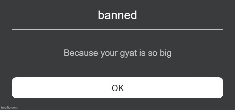 Roblox Error Message | banned; Because your gyat is so big | image tagged in roblox error message | made w/ Imgflip meme maker