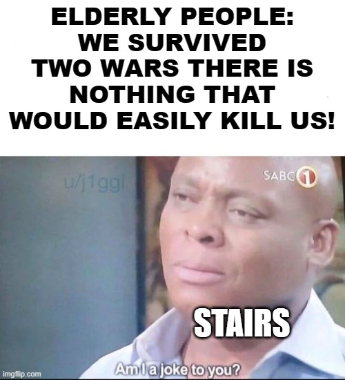 oof | ELDERLY PEOPLE: WE SURVIVED TWO WARS THERE IS NOTHING THAT WOULD EASILY KILL US! STAIRS | image tagged in am i a joke to you | made w/ Imgflip meme maker