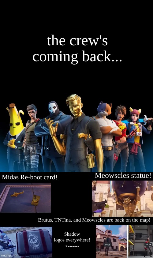 The best season might be reincarnated as greek peeps! | the crew's coming back... Meowscles statue! Midas Re-boot card! Brutus, TNTina, and Meowscles are back on the map! Shadow logos everywhere!
<------- | image tagged in chapter 2 season 2 | made w/ Imgflip meme maker