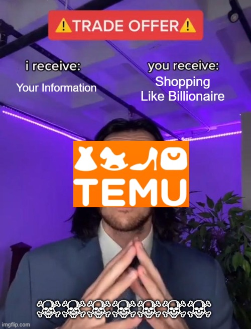 Pov: You buy something in Temu:(come back) | Your Information; Shopping Like Billionaire; ☠☠☠☠☠☠☠ | image tagged in trade offer,memes | made w/ Imgflip meme maker