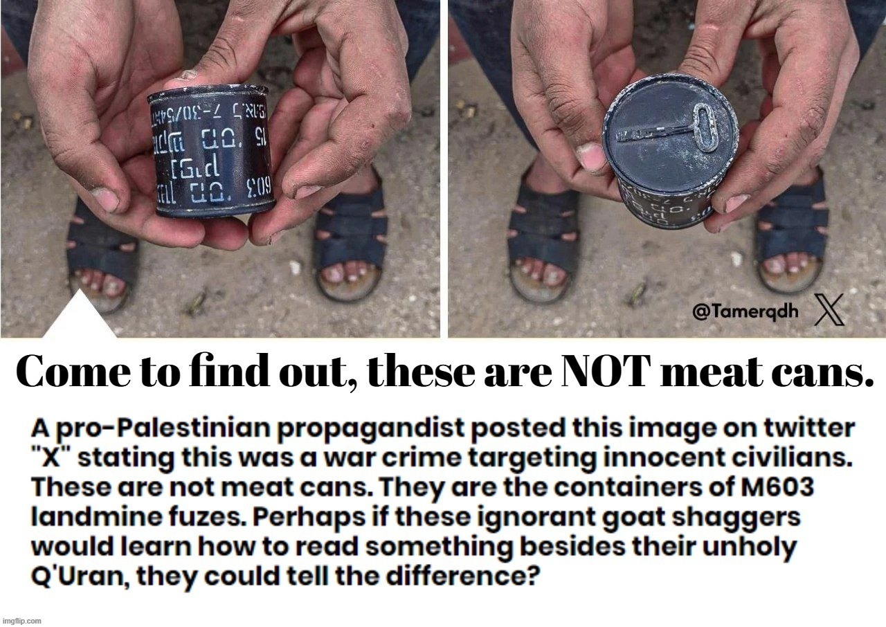 These are NOT meat cans. This is Palestinian Propaganda. | image tagged in palestine,palestinian,propaganda,sounds like communist propaganda,fake news,shitpost | made w/ Imgflip meme maker