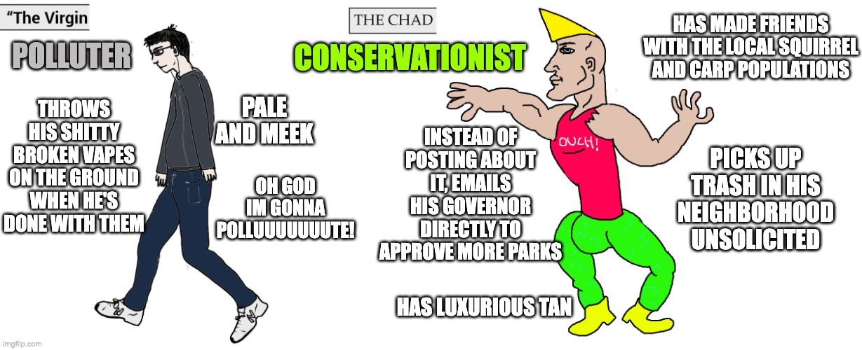 Chad Conservationist versus Virgin Polluter | HAS MADE FRIENDS WITH THE LOCAL SQUIRREL AND CARP POPULATIONS; POLLUTER; CONSERVATIONIST; THROWS HIS SHITTY BROKEN VAPES ON THE GROUND WHEN HE'S DONE WITH THEM; INSTEAD OF POSTING ABOUT IT, EMAILS HIS GOVERNOR DIRECTLY TO APPROVE MORE PARKS; PALE AND MEEK; PICKS UP TRASH IN HIS NEIGHBORHOOD UNSOLICITED; OH GOD IM GONNA POLLUUUUUUUTE! HAS LUXURIOUS TAN | image tagged in virgin and chad | made w/ Imgflip meme maker