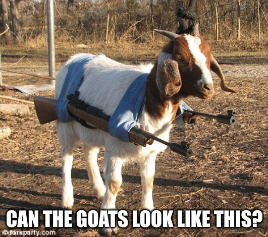 Goat with guns | CAN THE GOATS LOOK LIKE THIS? | image tagged in goat with guns | made w/ Imgflip meme maker