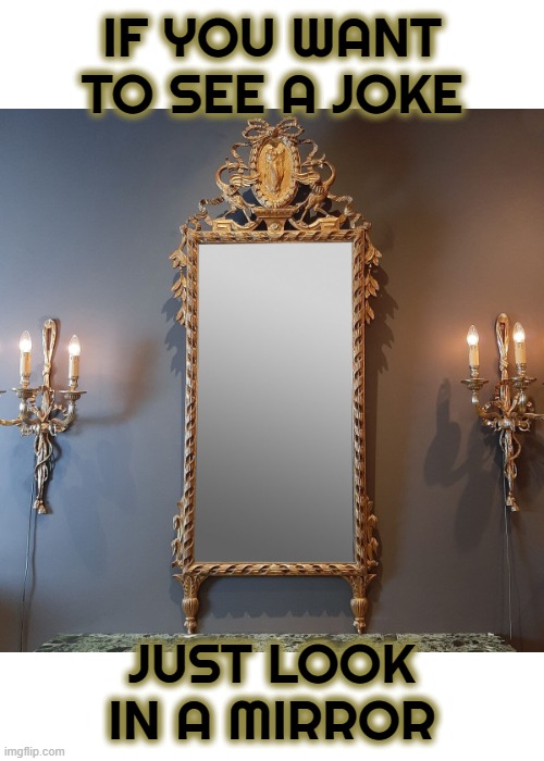 IF YOU WANT TO SEE A JOKE | IF YOU WANT TO SEE A JOKE; JUST LOOK IN A MIRROR | image tagged in joke,mirror,self-reflection,cognitive dissonance,schism,laugh | made w/ Imgflip meme maker