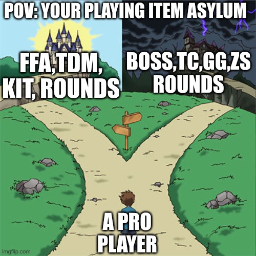 Where should I go to? | POV: YOUR PLAYING ITEM ASYLUM; BOSS,TC,GG,ZS ROUNDS; FFA,TDM, KIT, ROUNDS; A PRO PLAYER | image tagged in two paths,roblox games,item asyum,fun | made w/ Imgflip meme maker