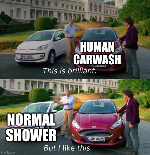 This Is Brilliant But I Like This | HUMAN CARWASH NORMAL SHOWER | image tagged in this is brilliant but i like this | made w/ Imgflip meme maker