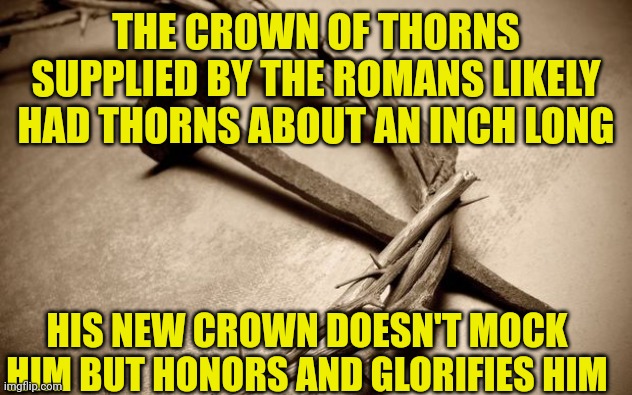 Crown of thorns | THE CROWN OF THORNS SUPPLIED BY THE ROMANS LIKELY HAD THORNS ABOUT AN INCH LONG; HIS NEW CROWN DOESN'T MOCK HIM BUT HONORS AND GLORIFIES HIM | image tagged in crown of thorns | made w/ Imgflip meme maker