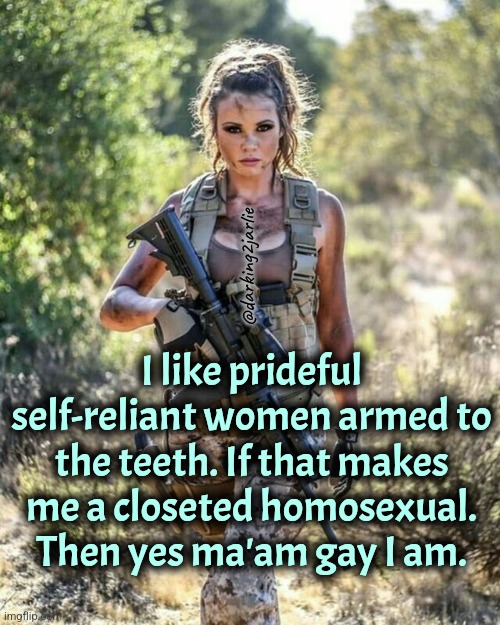 Real Gay | @darking2jarlie; I like prideful self-reliant women armed to the teeth. If that makes me a closeted homosexual. Then yes ma'am gay I am. | image tagged in women,feminism,guns,gay,homosexual,assault weapons | made w/ Imgflip meme maker