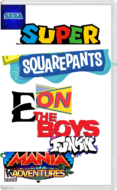 Super SquarePants E on the boys funkin mania adventures | image tagged in nintendo switch cartridge case | made w/ Imgflip meme maker