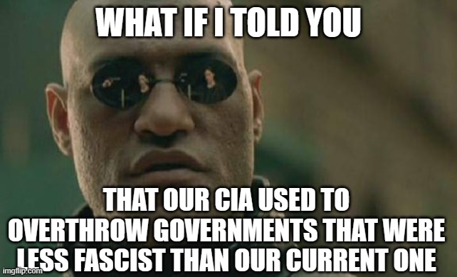Matrix Morpheus | WHAT IF I TOLD YOU; THAT OUR CIA USED TO OVERTHROW GOVERNMENTS THAT WERE LESS FASCIST THAN OUR CURRENT ONE | image tagged in memes,matrix morpheus | made w/ Imgflip meme maker