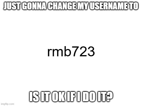 Rebranding my username | JUST GONNA CHANGE MY USERNAME TO; rmb723; IS IT OK IF I DO IT? | image tagged in change,username | made w/ Imgflip meme maker