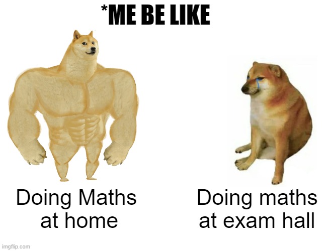 Me doing Maths | *ME BE LIKE; Doing Maths
 at home; Doing maths at exam hall | image tagged in memes,buff doge vs cheems | made w/ Imgflip meme maker