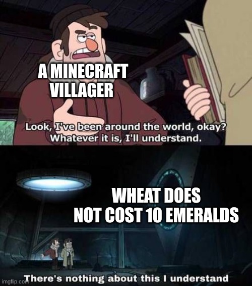 minecraft | A MINECRAFT VILLAGER; WHEAT DOES NOT COST 10 EMERALDS | image tagged in gravity falls i don't understand | made w/ Imgflip meme maker
