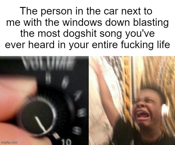 (Insert random ass title here) | The person in the car next to 
me with the windows down blasting the most dogshit song you've ever heard in your entire fucking life | image tagged in turn up the music,funny,relatable | made w/ Imgflip meme maker