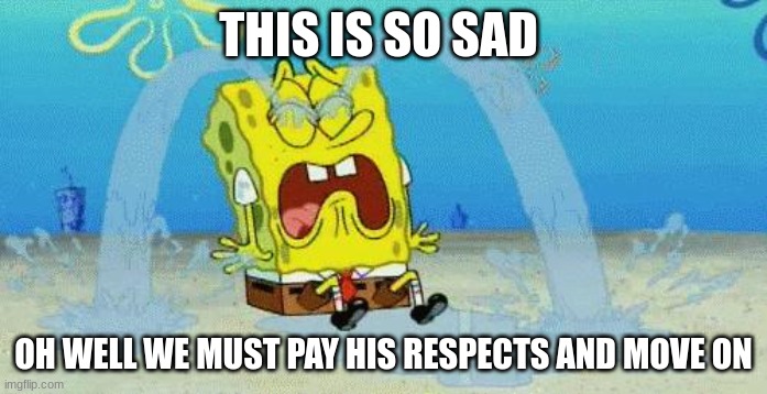 mat pat is permanently gone now what | THIS IS SO SAD; OH WELL WE MUST PAY HIS RESPECTS AND MOVE ON | image tagged in sad crying spongebob | made w/ Imgflip meme maker