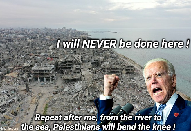 Gaza destruction | I will NEVER be done here ! Repeat after me, from the river to the sea, Palestinians will bend the knee ! | image tagged in gaza destruction | made w/ Imgflip meme maker