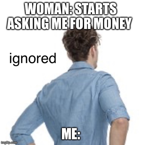 Ignored | WOMAN: STARTS ASKING ME FOR MONEY; ME: | image tagged in ignored | made w/ Imgflip meme maker