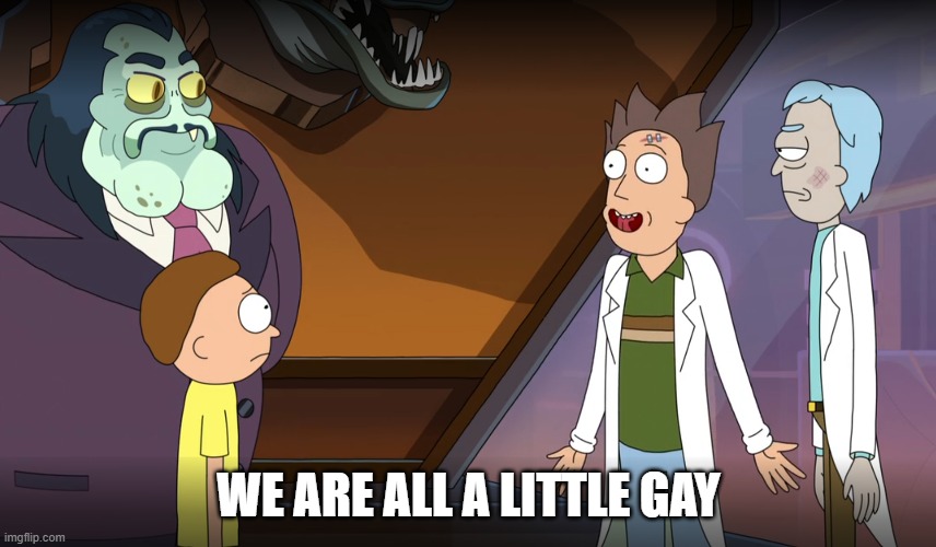 We are all a little gay | WE ARE ALL A LITTLE GAY | image tagged in rick and morty,gay jokes | made w/ Imgflip meme maker