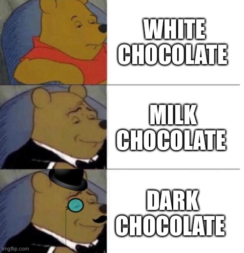 Tuxedo Winnie the Pooh (3 panel) | WHITE CHOCOLATE; MILK CHOCOLATE; DARK CHOCOLATE | image tagged in tuxedo winnie the pooh 3 panel | made w/ Imgflip meme maker