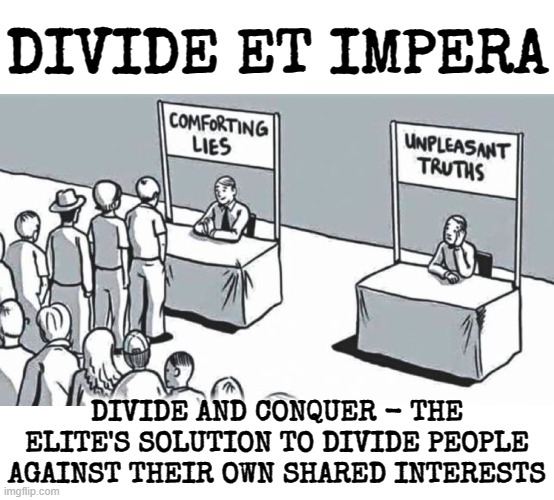 DIVIDE ET IMPERA | DIVIDE ET IMPERA; DIVIDE AND CONQUER - THE ELITE'S SOLUTION TO DIVIDE PEOPLE AGAINST THEIR OWN SHARED INTERESTS | image tagged in divide et impera,divide and conquer,disunite,sow dissension,political,rhetoric | made w/ Imgflip meme maker