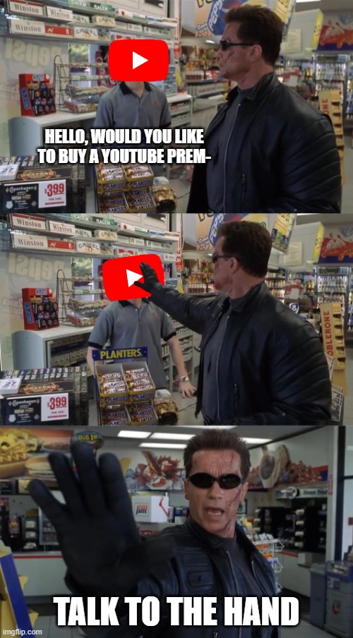 YouTube offering YouTube premium to YT users in nutshell | HELLO, WOULD YOU LIKE TO BUY A YOUTUBE PREM-; TALK TO THE HAND | image tagged in terminator,talk to the hand,youtube,youtube ads,youtube premium,yt | made w/ Imgflip meme maker