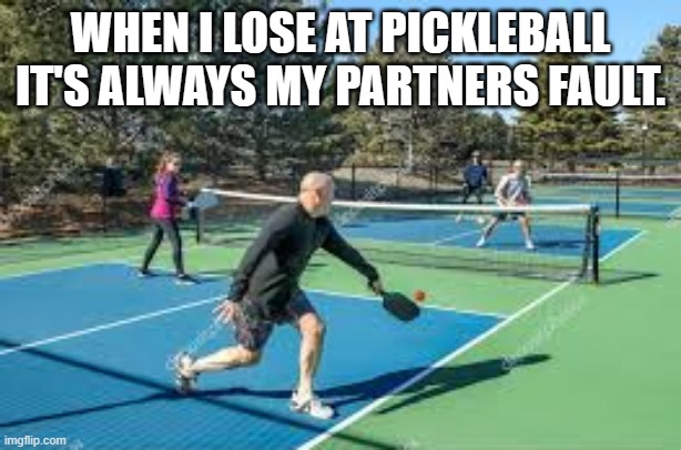 meme by Brad when i lose at pickleball it's my partners fault | WHEN I LOSE AT PICKLEBALL IT'S ALWAYS MY PARTNERS FAULT. | image tagged in sports,funny,excuses,loser,humor | made w/ Imgflip meme maker