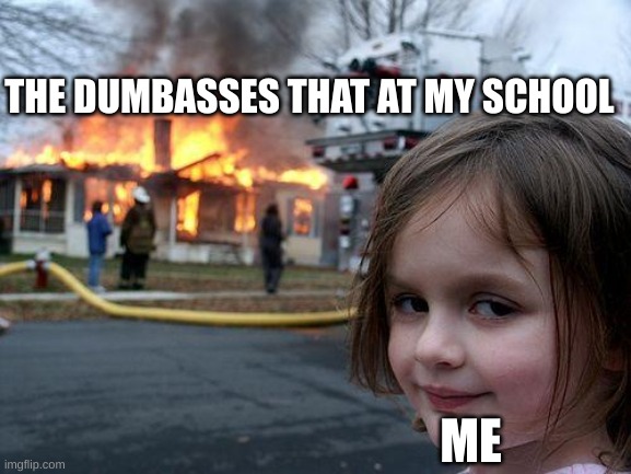 they are so fukin stupid | THE DUMBASSES THAT AT MY SCHOOL; ME | image tagged in memes,disaster girl | made w/ Imgflip meme maker