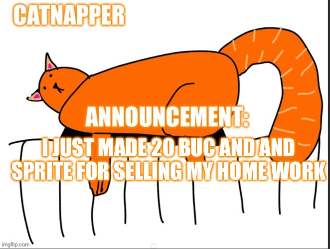 Catnapper anoint temp | I JUST MADE 20 BUC AND AND SPRITE FOR SELLING MY HOME WORK | image tagged in catnapper anoint temp | made w/ Imgflip meme maker