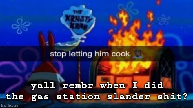 stop letting him cook | yall rembr when I did the gas station slander shit? | image tagged in stop letting him cook | made w/ Imgflip meme maker