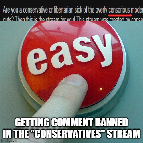 Had a comment deleted by hypocrites | GETTING COMMENT BANNED IN THE "CONSERVATIVES" STREAM | image tagged in the easy button,memes,conservative,stream,ban | made w/ Imgflip meme maker