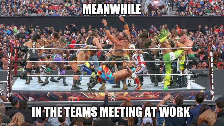 Meanwhile | MEANWHILE; IN THE TEAMS MEETING AT WORK | image tagged in pro wrestling,microsoft,meeting,msteams,work | made w/ Imgflip meme maker