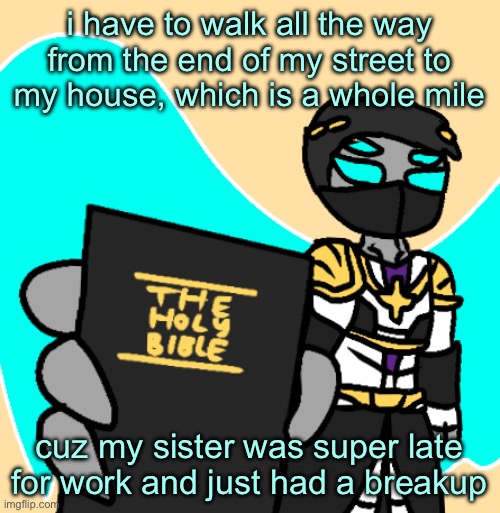 thankfully i’m rlly fast | i have to walk all the way from the end of my street to my house, which is a whole mile; cuz my sister was super late for work and just had a breakup | image tagged in read up loser | made w/ Imgflip meme maker