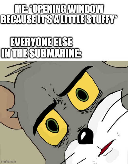 But it was musty | ME: *OPENING WINDOW BECAUSE IT'S A LITTLE STUFFY*; EVERYONE ELSE IN THE SUBMARINE: | image tagged in unsettled tom,tom and jerry,dark humor,funny meme,fun | made w/ Imgflip meme maker
