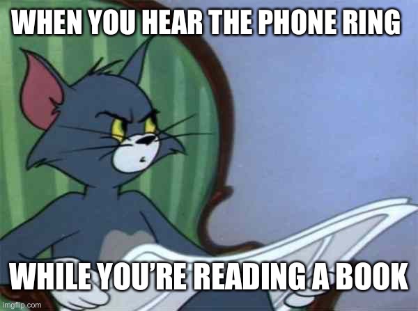 Newspaper Tom | WHEN YOU HEAR THE PHONE RING; WHILE YOU’RE READING A BOOK | image tagged in newspaper tom | made w/ Imgflip meme maker