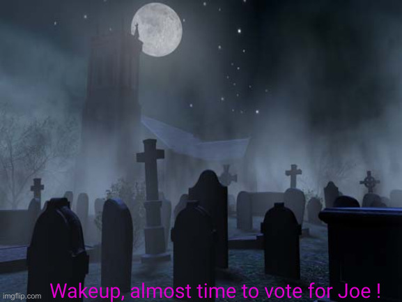 Half Of Joe's Con-stitch-ency | Wakeup, almost time to vote for Joe ! | image tagged in creepy graveyard,political meme,politics,funny memes,memes | made w/ Imgflip meme maker
