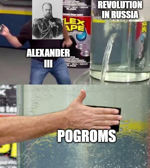 Blame the Jews | REVOLUTION IN RUSSIA; ALEXANDER III; POGROMS | image tagged in flex tape | made w/ Imgflip meme maker