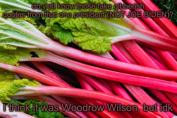 rhubarb | do y’all know those fake gibberish quotes from that one president (NOT JOE BIDEN)? I think it was Woodrow Wilson, but idk | image tagged in rhubarb | made w/ Imgflip meme maker