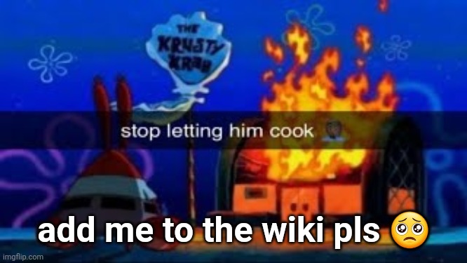 stop letting him cook | add me to the wiki pls 🥺 | image tagged in stop letting him cook | made w/ Imgflip meme maker